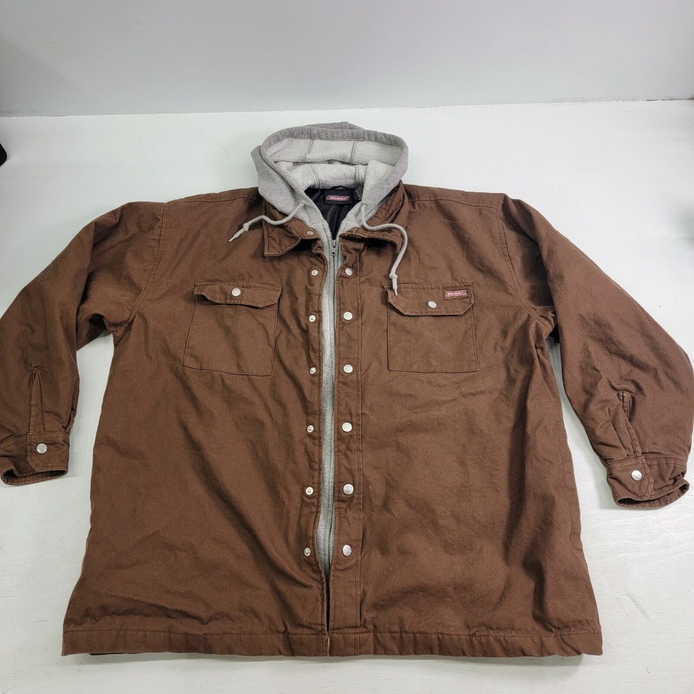 Dickies Men's Brown Quilt Lined Fleece Hooded Utility Canvas Work Jacket Size XL